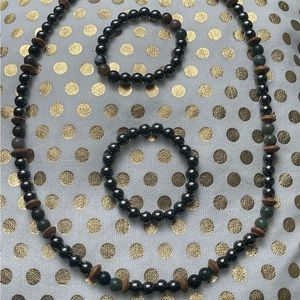Men’s Grey Gunmetal Hematite, Green Aventurine, wood necklace and bracelet set.